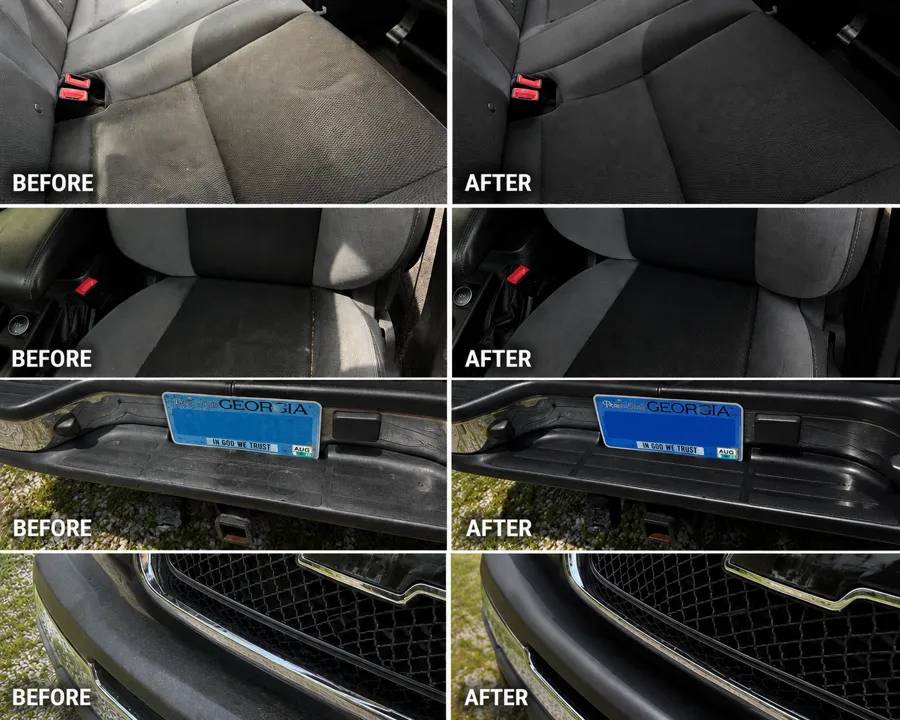 Before and after interior detailing on carpet, seats and trim